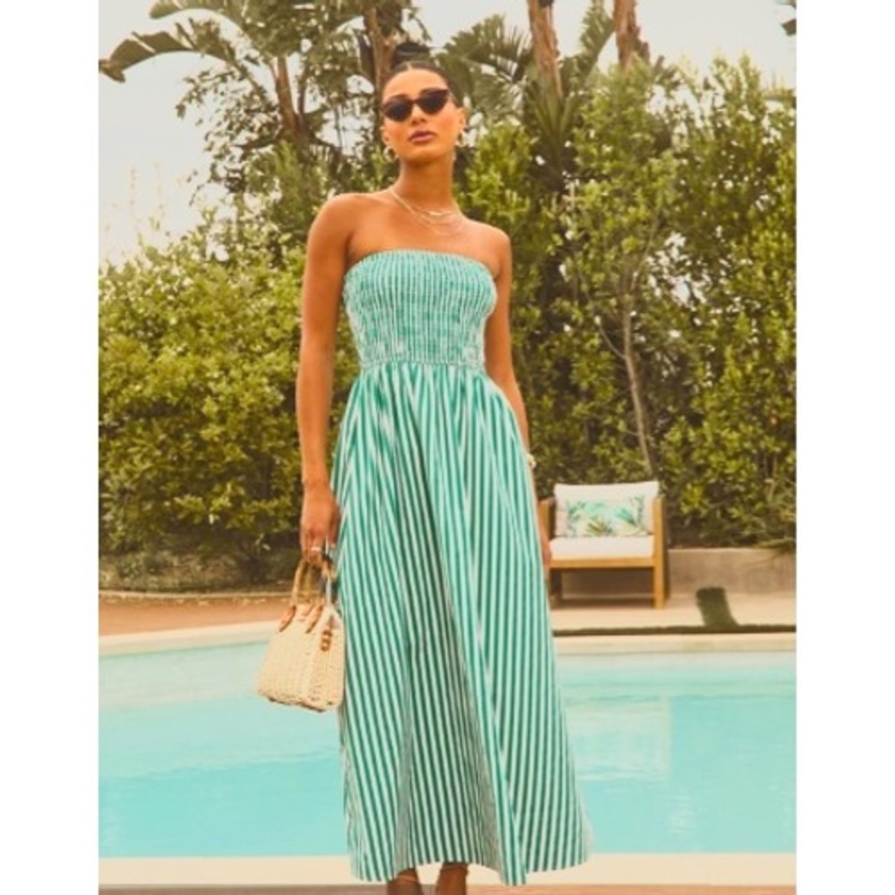VICI Green White Striped Smocked Strapless Maxi Dress Large